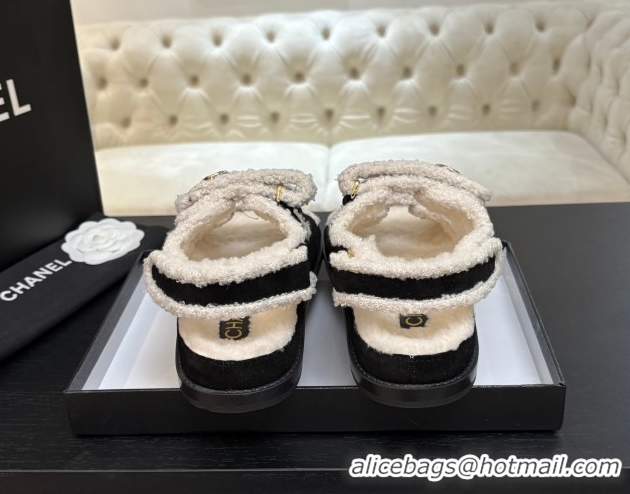 Perfect Chanel Coco Neige Suede and Wool Flat Strap Sandals Black CH110312 1103109