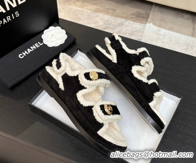 Perfect Chanel Coco Neige Suede and Wool Flat Strap Sandals Black CH110312 1103109