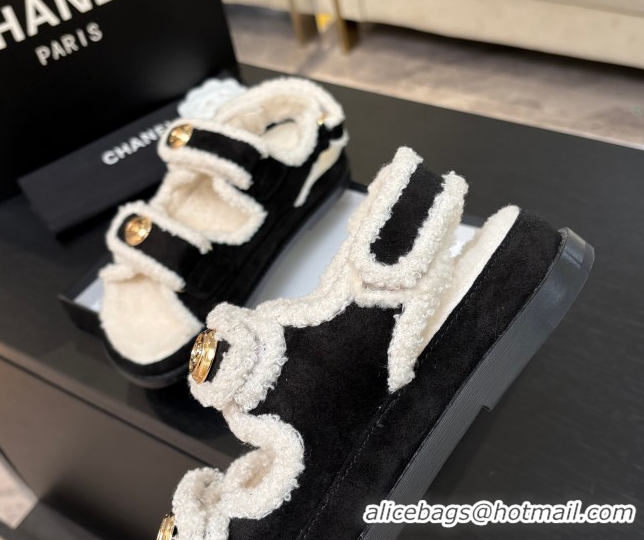 Perfect Chanel Coco Neige Suede and Wool Flat Strap Sandals Black CH110312 1103109