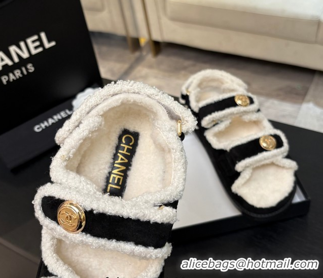 Perfect Chanel Coco Neige Suede and Wool Flat Strap Sandals Black CH110312 1103109