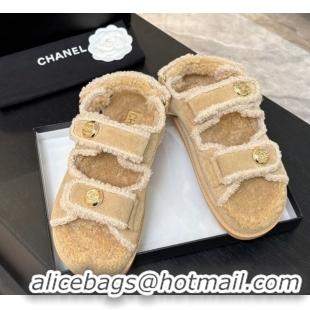Classic Hot Chanel Coco Neige Suede and Wool Flat Strap Sandals Beige 2025 CH110312 51103110
