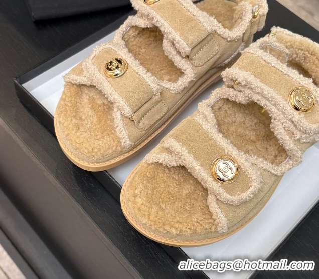 Classic Hot Chanel Coco Neige Suede and Wool Flat Strap Sandals Beige 2025 CH110312 51103110