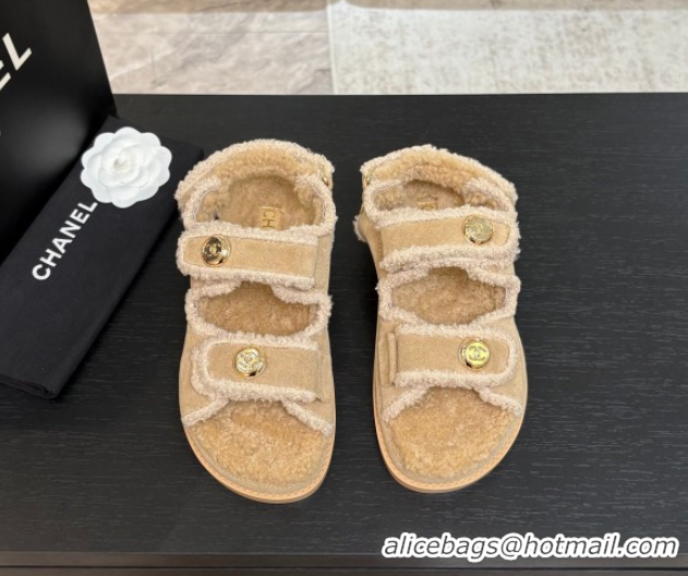 Classic Hot Chanel Coco Neige Suede and Wool Flat Strap Sandals Beige 2025 CH110312 51103110