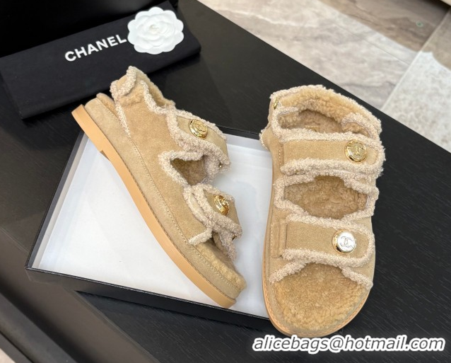 Classic Hot Chanel Coco Neige Suede and Wool Flat Strap Sandals Beige 2025 CH110312 51103110