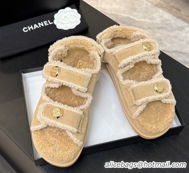 Classic Hot Chanel Coco Neige Suede and Wool Flat Strap Sandals Beige 2025 CH110312 51103110