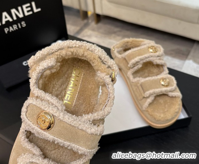 Classic Hot Chanel Coco Neige Suede and Wool Flat Strap Sandals Beige 2025 CH110312 51103110