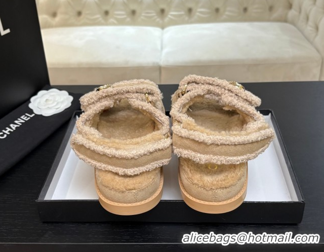 Classic Hot Chanel Coco Neige Suede and Wool Flat Strap Sandals Beige 2025 CH110312 51103110