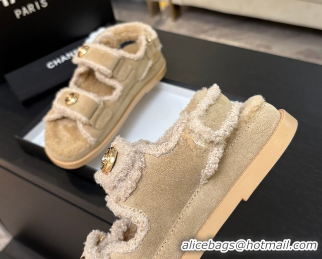 Classic Hot Chanel Coco Neige Suede and Wool Flat Strap Sandals Beige 2025 CH110312 51103110