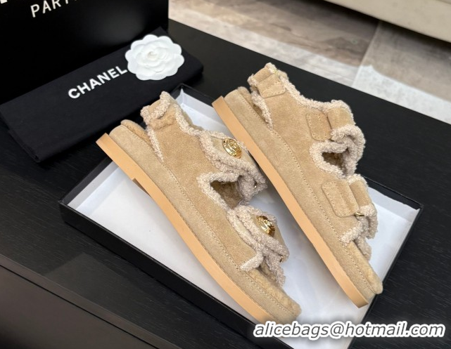 Classic Hot Chanel Coco Neige Suede and Wool Flat Strap Sandals Beige 2025 CH110312 51103110