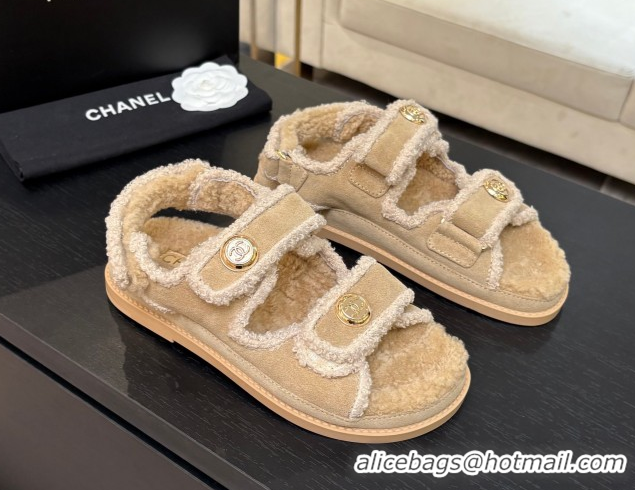 Classic Hot Chanel Coco Neige Suede and Wool Flat Strap Sandals Beige 2025 CH110312 51103110