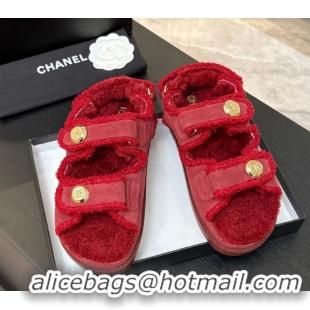 Best Grade Chanel Coco Neige Suede and Wool Flat Strap Sandals Red 2025 CH110312 1103111