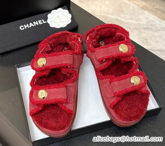 Best Grade Chanel Coco Neige Suede and Wool Flat Strap Sandals Red 2025 CH110312 1103111