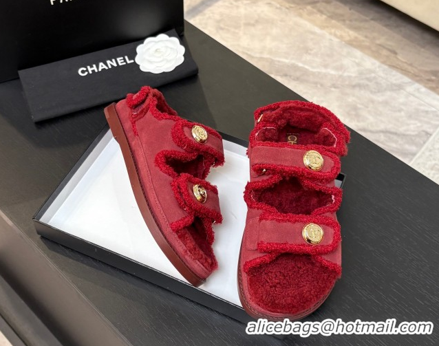 Best Grade Chanel Coco Neige Suede and Wool Flat Strap Sandals Red 2025 CH110312 1103111