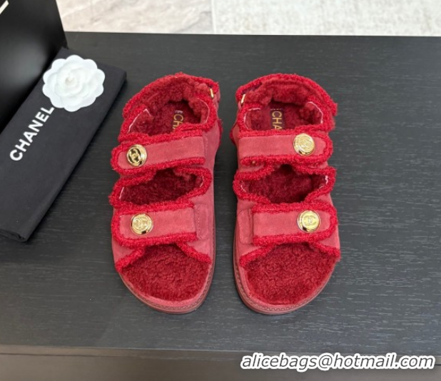 Best Grade Chanel Coco Neige Suede and Wool Flat Strap Sandals Red 2025 CH110312 1103111