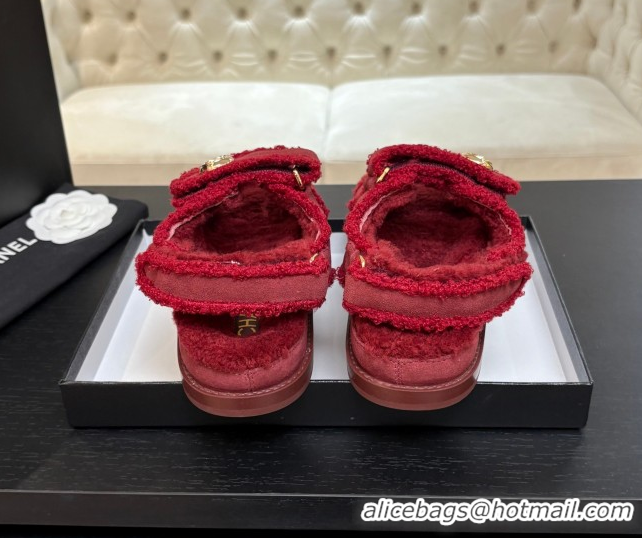 Best Grade Chanel Coco Neige Suede and Wool Flat Strap Sandals Red 2025 CH110312 1103111