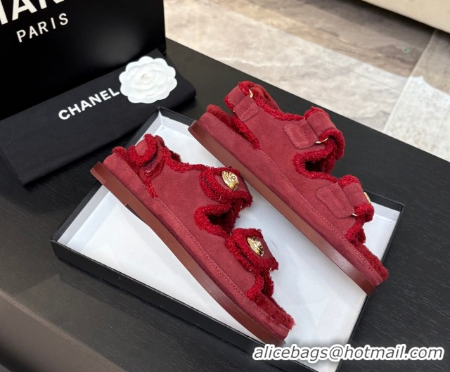 Best Grade Chanel Coco Neige Suede and Wool Flat Strap Sandals Red 2025 CH110312 1103111