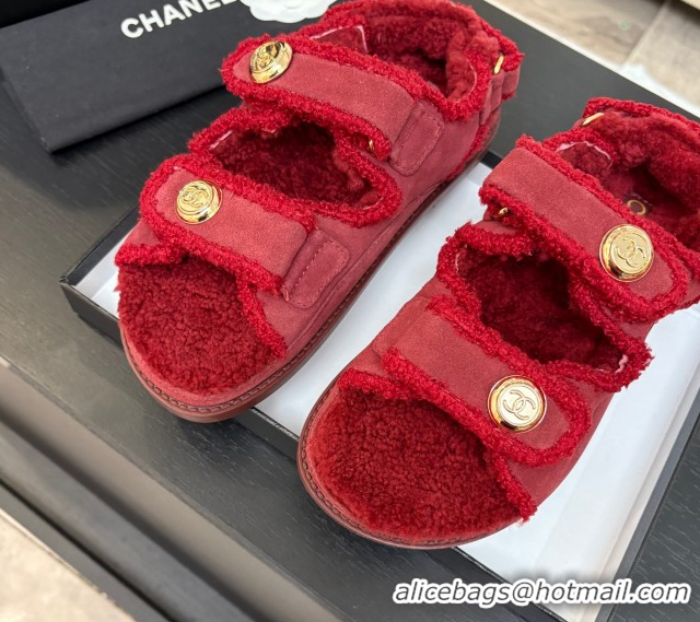 Best Grade Chanel Coco Neige Suede and Wool Flat Strap Sandals Red 2025 CH110312 1103111