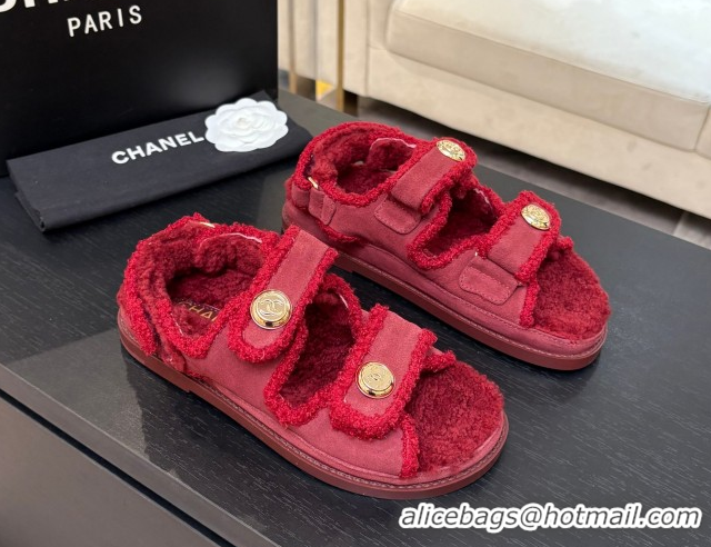 Best Grade Chanel Coco Neige Suede and Wool Flat Strap Sandals Red 2025 CH110312 1103111
