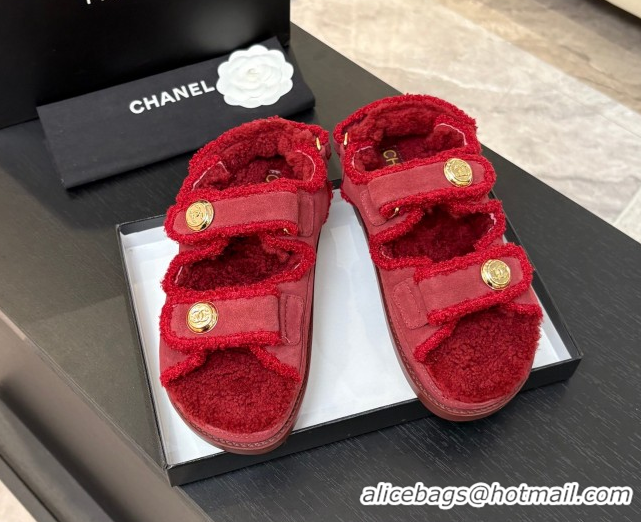 Best Grade Chanel Coco Neige Suede and Wool Flat Strap Sandals Red 2025 CH110312 1103111