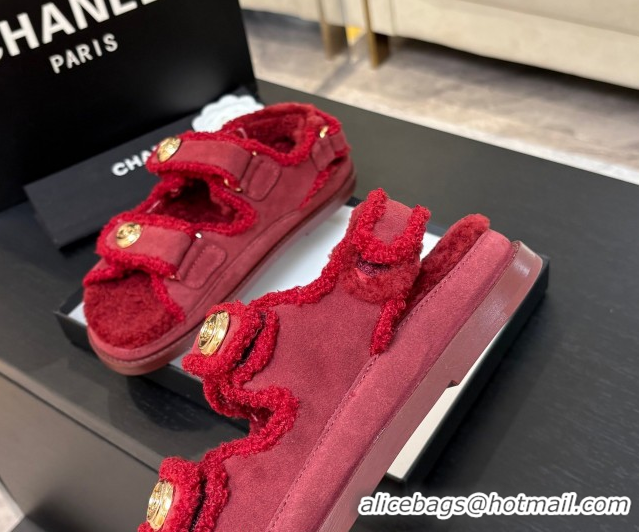 Best Grade Chanel Coco Neige Suede and Wool Flat Strap Sandals Red 2025 CH110312 1103111