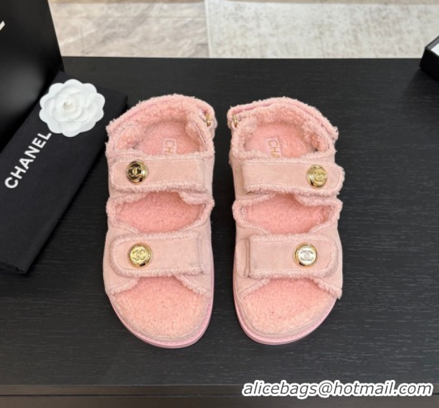 Sumptuous Chanel Coco Neige Suede and Wool Flat Strap Sandals Pink 2025 CH110312 1103112