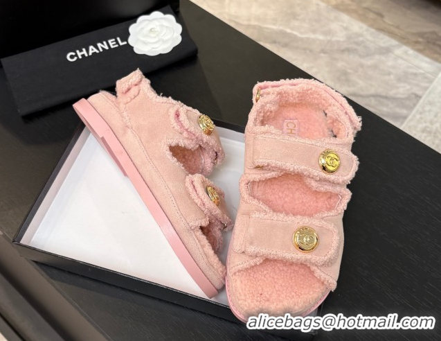 Sumptuous Chanel Coco Neige Suede and Wool Flat Strap Sandals Pink 2025 CH110312 1103112