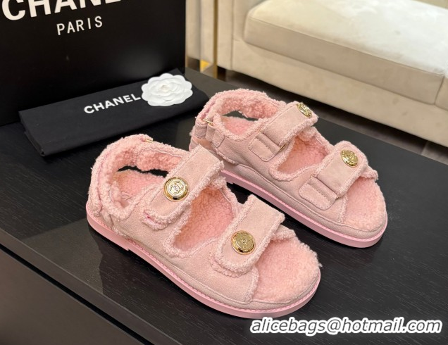 Sumptuous Chanel Coco Neige Suede and Wool Flat Strap Sandals Pink 2025 CH110312 1103112