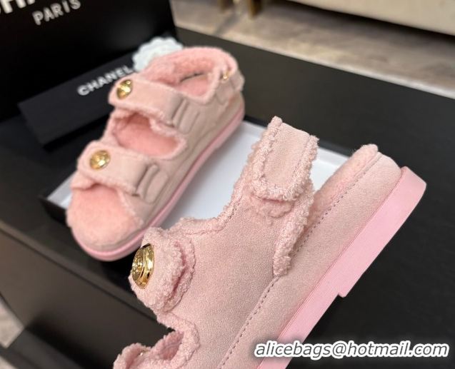 Sumptuous Chanel Coco Neige Suede and Wool Flat Strap Sandals Pink 2025 CH110312 1103112
