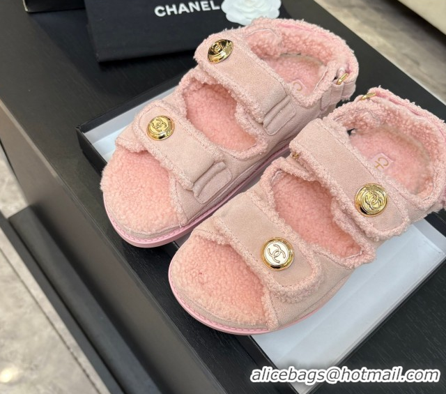 Sumptuous Chanel Coco Neige Suede and Wool Flat Strap Sandals Pink 2025 CH110312 1103112