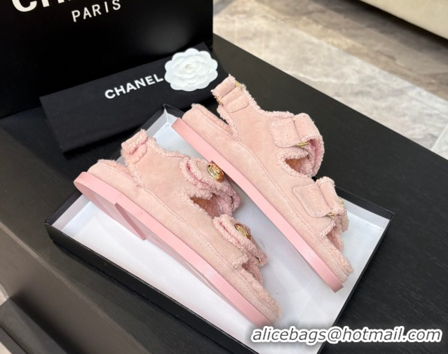 Sumptuous Chanel Coco Neige Suede and Wool Flat Strap Sandals Pink 2025 CH110312 1103112
