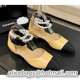 Stylish Chanel Lambskin & Grosgrain Flats Shoes with Pearls and Camellia Bloom Beige Yellow 2025 CH110313 1103113