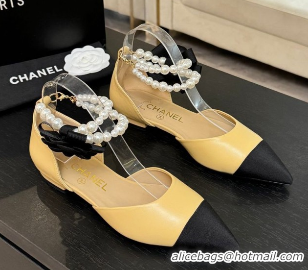 Stylish Chanel Lambskin & Grosgrain Flats Shoes with Pearls and Camellia Bloom Beige Yellow 2025 CH110313 1103113
