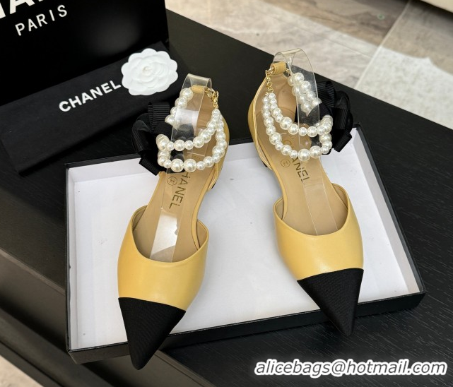 Stylish Chanel Lambskin & Grosgrain Flats Shoes with Pearls and Camellia Bloom Beige Yellow 2025 CH110313 1103113