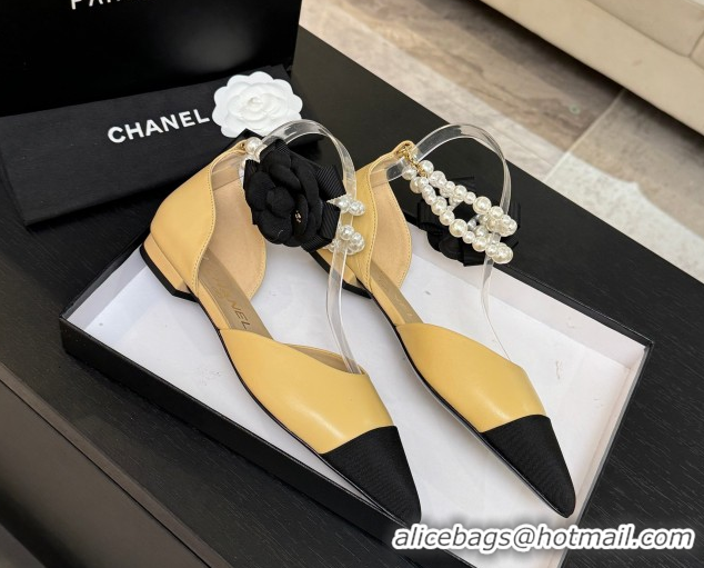 Stylish Chanel Lambskin & Grosgrain Flats Shoes with Pearls and Camellia Bloom Beige Yellow 2025 CH110313 1103113