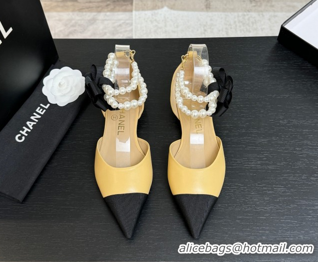 Stylish Chanel Lambskin & Grosgrain Flats Shoes with Pearls and Camellia Bloom Beige Yellow 2025 CH110313 1103113