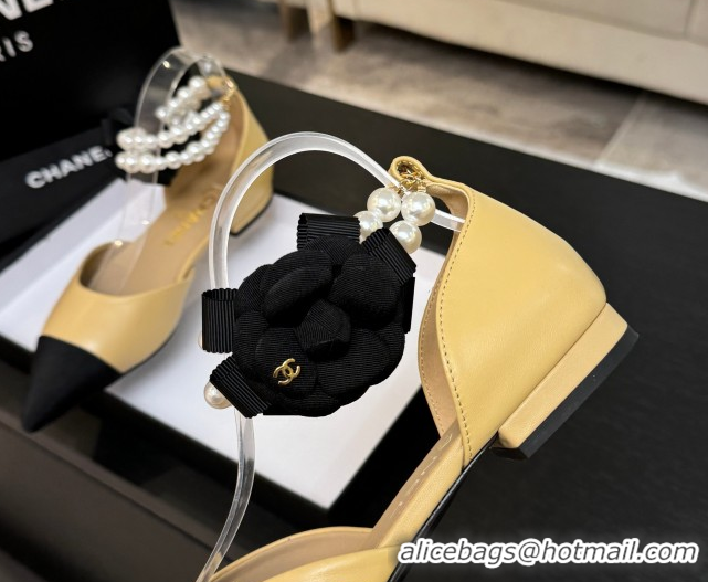 Stylish Chanel Lambskin & Grosgrain Flats Shoes with Pearls and Camellia Bloom Beige Yellow 2025 CH110313 1103113
