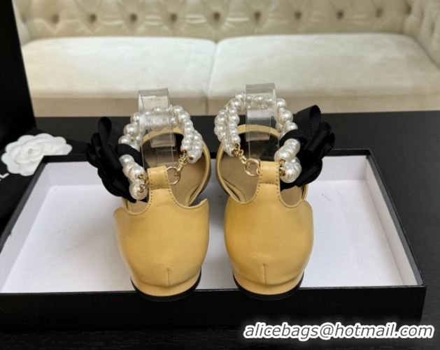 Stylish Chanel Lambskin & Grosgrain Flats Shoes with Pearls and Camellia Bloom Beige Yellow 2025 CH110313 1103113