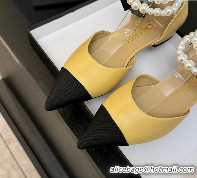 Stylish Chanel Lambskin & Grosgrain Flats Shoes with Pearls and Camellia Bloom Beige Yellow 2025 CH110313 1103113