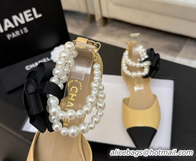 Stylish Chanel Lambskin & Grosgrain Flats Shoes with Pearls and Camellia Bloom Beige Yellow 2025 CH110313 1103113