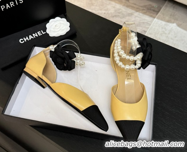 Stylish Chanel Lambskin & Grosgrain Flats Shoes with Pearls and Camellia Bloom Beige Yellow 2025 CH110313 1103113
