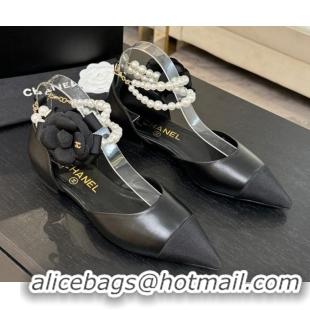 Charming Chanel Lambskin & Grosgrain Flats Shoes with Pearls and Camellia Bloom Black 2025 CH110313 1103114