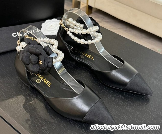Charming Chanel Lambskin & Grosgrain Flats Shoes with Pearls and Camellia Bloom Black 2025 CH110313 1103114