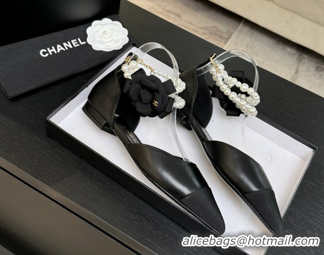 Charming Chanel Lambskin & Grosgrain Flats Shoes with Pearls and Camellia Bloom Black 2025 CH110313 1103114
