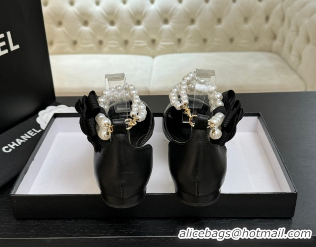 Charming Chanel Lambskin & Grosgrain Flats Shoes with Pearls and Camellia Bloom Black 2025 CH110313 1103114