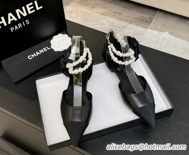 Charming Chanel Lambskin & Grosgrain Flats Shoes with Pearls and Camellia Bloom Black 2025 CH110313 1103114