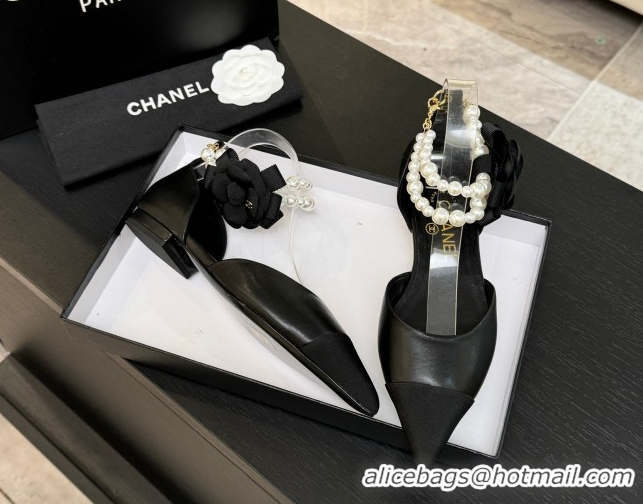 Charming Chanel Lambskin & Grosgrain Flats Shoes with Pearls and Camellia Bloom Black 2025 CH110313 1103114