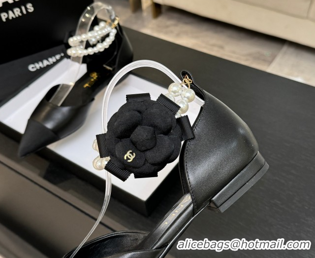 Charming Chanel Lambskin & Grosgrain Flats Shoes with Pearls and Camellia Bloom Black 2025 CH110313 1103114