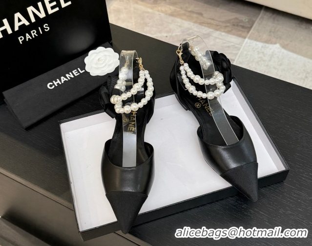 Charming Chanel Lambskin & Grosgrain Flats Shoes with Pearls and Camellia Bloom Black 2025 CH110313 1103114