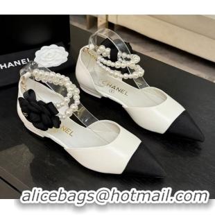 Good Product Chanel Lambskin & Grosgrain Flats Shoes with Pearls and Camellia Bloom White 2025 CH110313 1103115