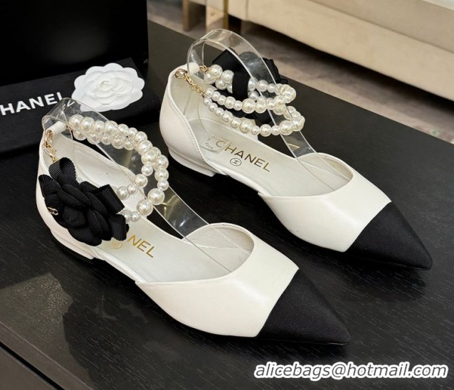 Good Product Chanel Lambskin & Grosgrain Flats Shoes with Pearls and Camellia Bloom White 2025 CH110313 1103115